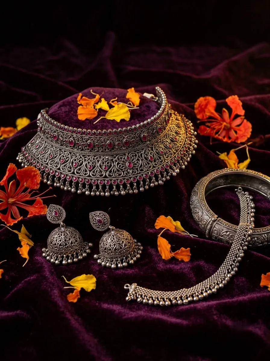 Oxidised silver jewellery set with jhumkas, choker, kada and payal on plum velvet